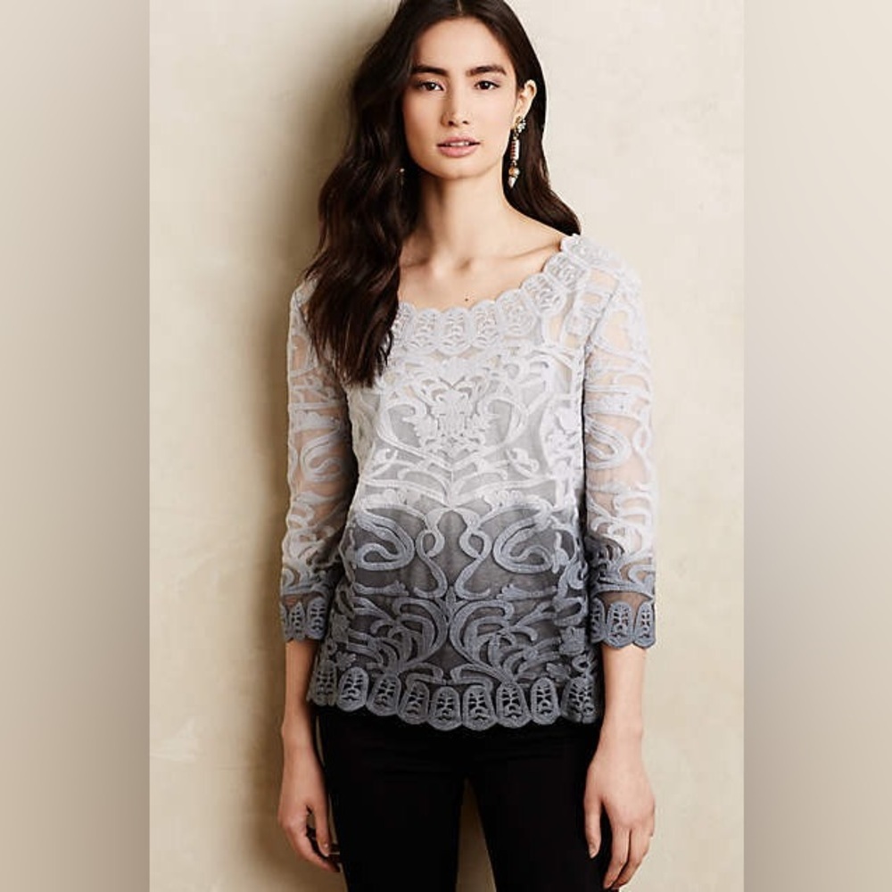 Anthropologie Meadow Rue Caela Scalloped Sheer Lace Gray Ombre Size Small